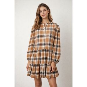 Gap Plaid Flannel Tiered Mini Dress Camel Tan Cotton Women's Size Medium
